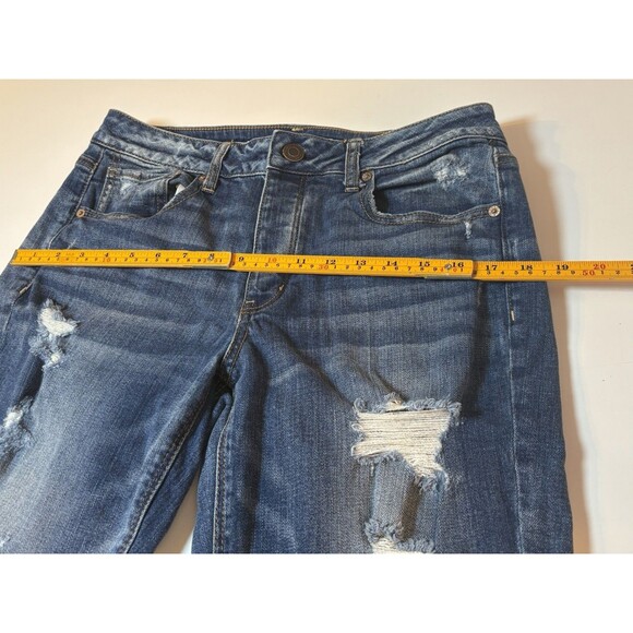 American Eagle TomGirl Jeans Womens 10 Blue Denim Stretch Distressed Button Fly - Picture 3 of 13